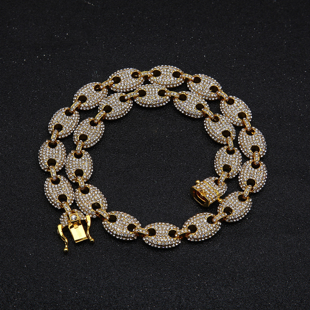 Alloy Rhinestone Hip Hop Necklace Iced Out CZ Coffee Bean Pig Nose Charm Link Choker Chain Bling Jewelry Necklaces or Bracelets for Mens