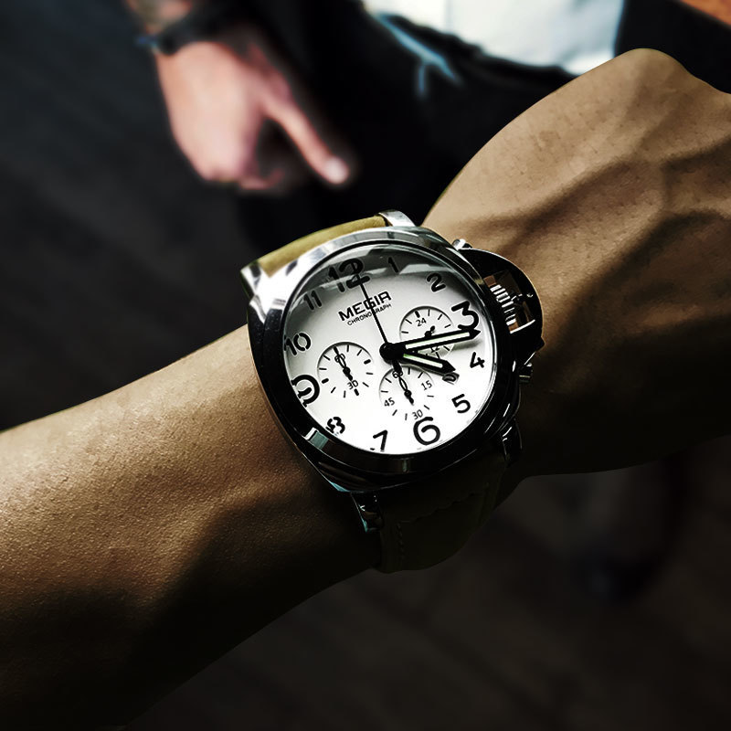 

Megir Men's Chronograph Luminous Quartz Watches with Calendar Date Round Analog Military Leather Strap Wristwatch Man ML3406G LJ201119, Ml3406-white