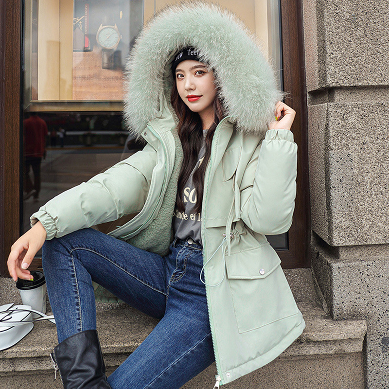 Korean big fur collar jacket women winter thicken warm parkas coats plus size loose casual winter clothes women outwear 201019