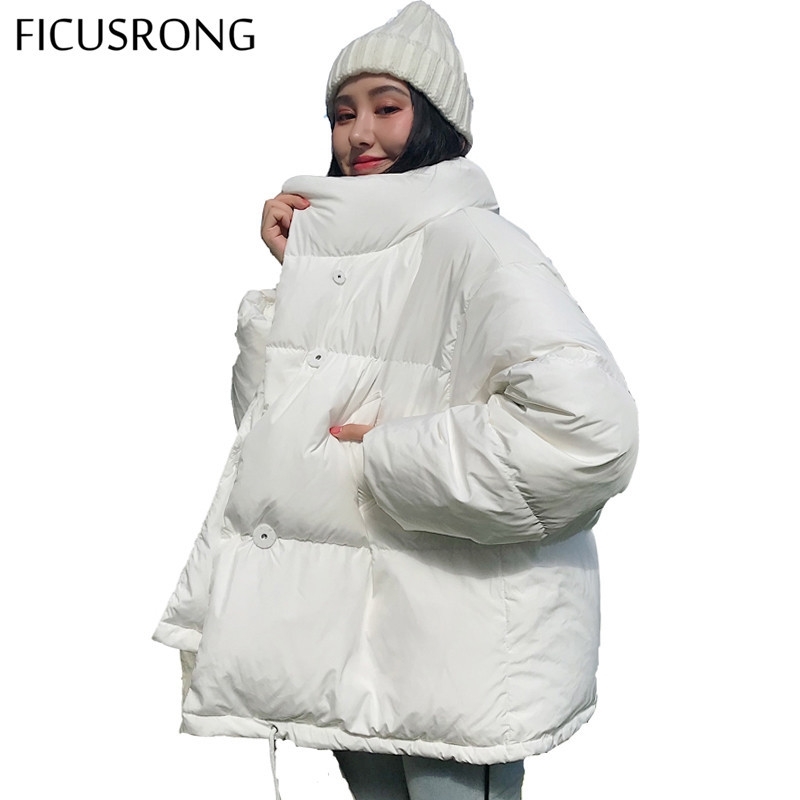 Autumn Winter Jacket Women Stand Collar Solid Black White Female Coat Loose Oversized Womens Short Parka 201019