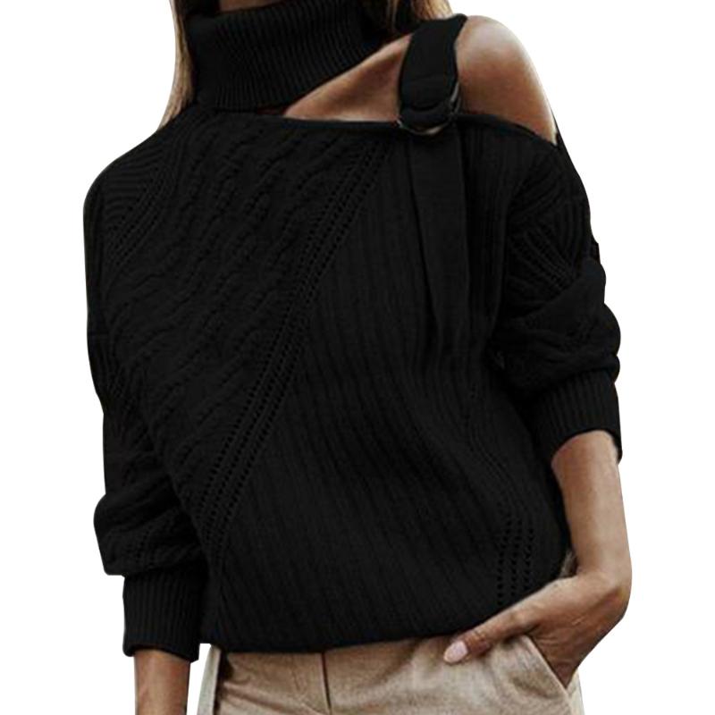 Turtleneck Long Sleeve Soft Daily Warm Casual Party Cold Shoulder Tops Solid Autumn Winter Shopping Women Sweater Knitted, Red