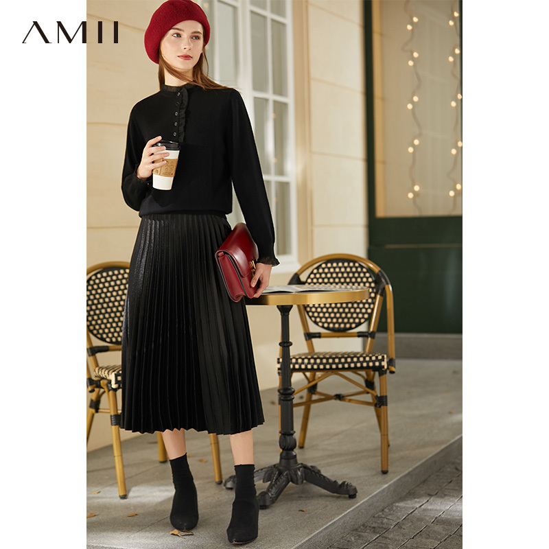 Amii Minimalism Winter Fashion 100%wool Sweaters For Women Causal Lace Patchwork Slim Fit Sweater Female Pullover Tops 12070631 201225