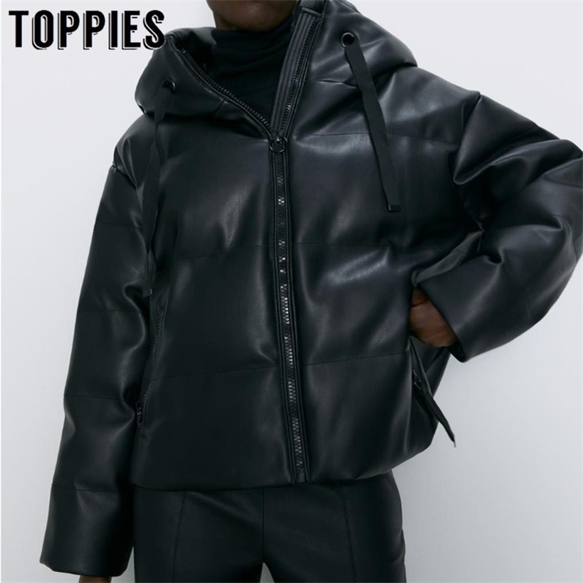 Faux Leather Winter Hooded Jacket Women Cotton-padded Parkas Zipper Thicker Warm Bread Coat European Clothing 201210