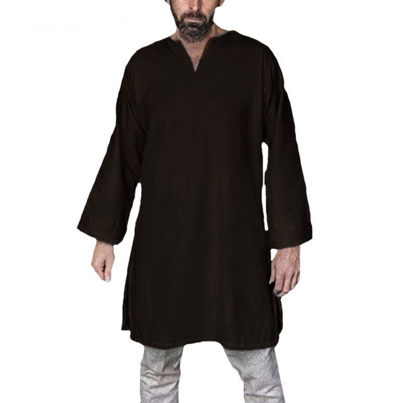 Long Shirt Men Medieval Tops Men's Long Sleeve Plain T-shirt Oversized Retro Vintage Tunic Stage Costume Knight Top 201202