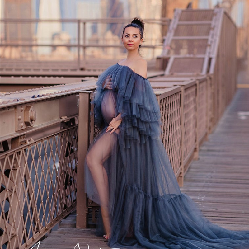 New Arrival Illusion Tulle Nightrobe Party Dress Navy Kimono Pregnant Women Evening Sleepwear Women Bathrobe Nightgown
