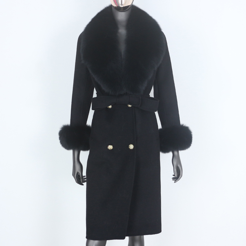 BLUENESSFAIR 2020 Cashmere Wool Blends Real Fur Coat Double Breasted Winter Jacket Women Big Natural Fox Fur Collar Outerwear LJ201202