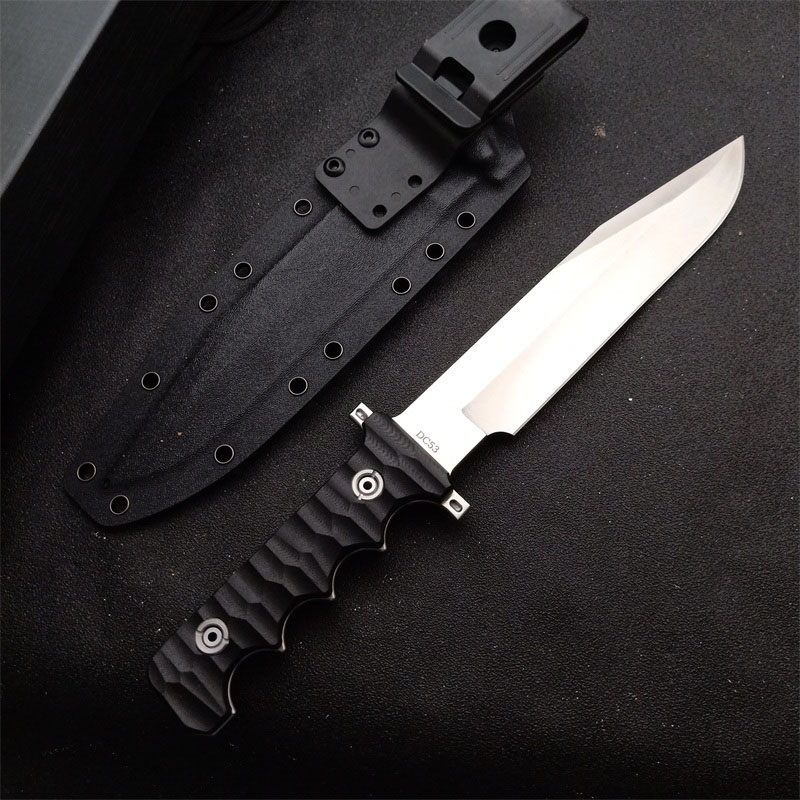 High End Outdoor Survival Tactical Straight Knife DC53 Satin Full Tang Black G-10 Handle Fixed Blade Knives With Kydex