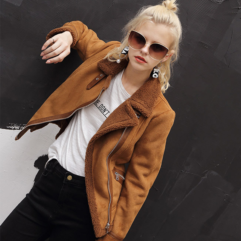 Women Faux Sheepskin Shearling Coat New Warm Suede Jacket Motorcycle Lamb Fur Coats Brown Leather Jacket AS30100 201020