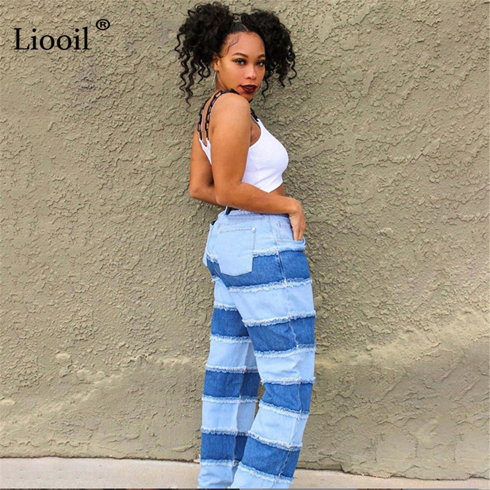 Liooil Color Block Straight Leg Jeans High Waist Pants Women Autumn Trousers With Pockets Patchwork Blue Sexy Denim Pants 201029