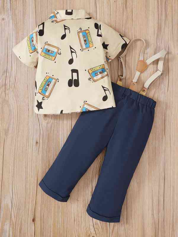 Baby Musical Notes And Tape Print Bow Polo Shirt & Pinafore Pants SHE