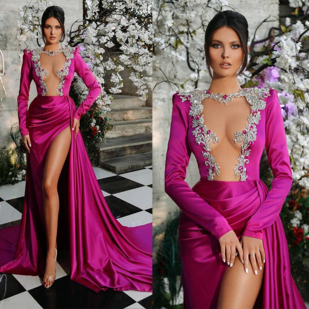 Women Satin Sexy Evening Dresses Long Sleeves O Neck See Through High Split Elegant Prom Gowns Custom Made Plus Size 2024