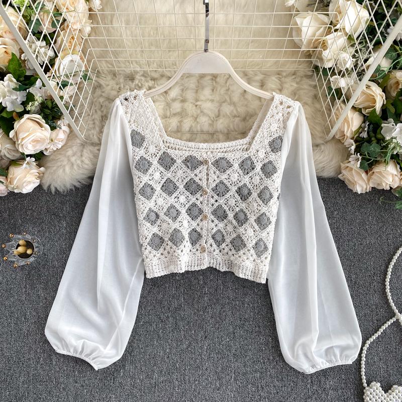 Women's Color Matching Hook Flower Hollow Out Knitted Cardigan Long Sleeve Shirt Fashion Short Tops Blouse P457, White
Women's Color Matching Hook Flower Hollow Out Knitted Cardigan Long Sleeve Shirt Fashion Short Tops Blouse P457, White
