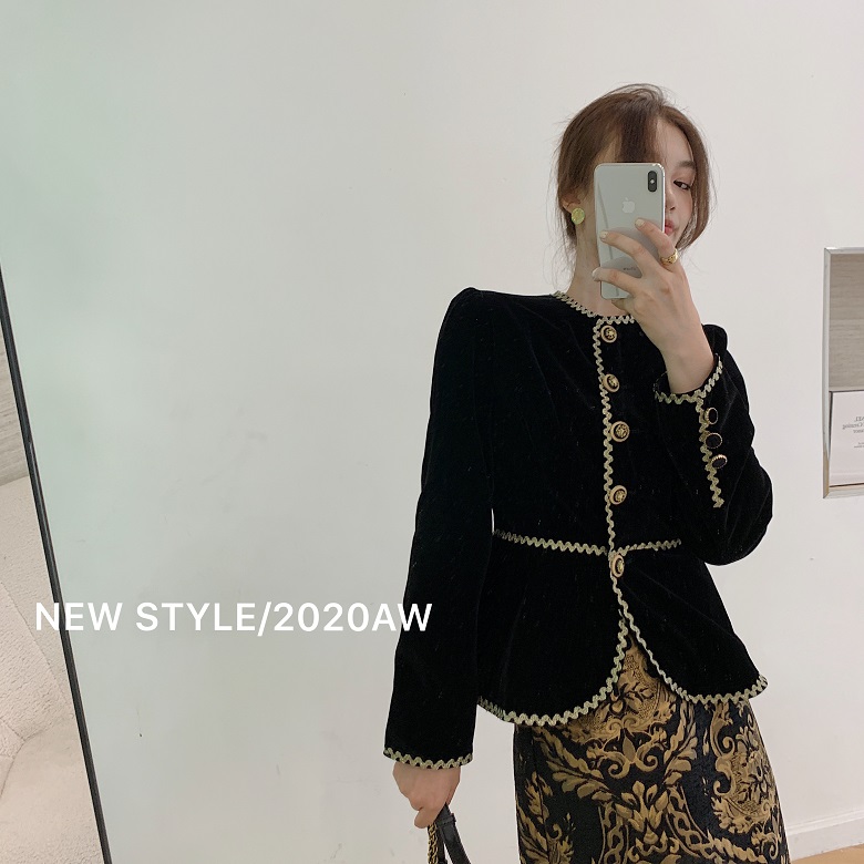 New design womens retro royal style o-neck long sleeve slim waist color block velvet fabric jacket coat casacos SMLXL