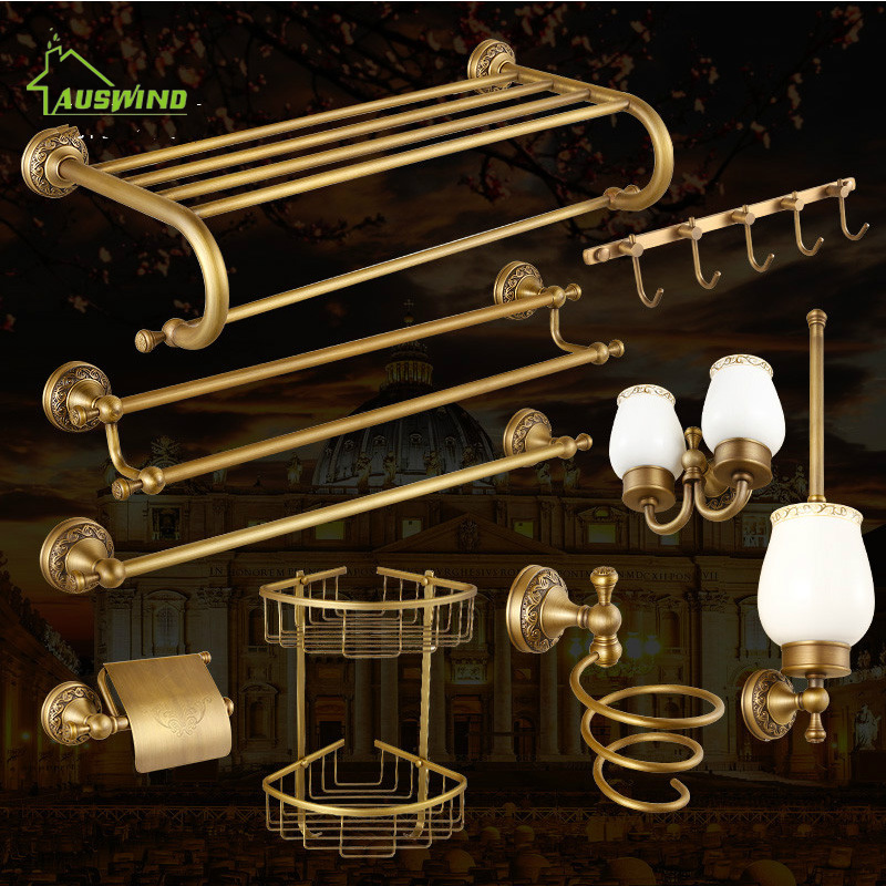 Antique Bronze Carved Brushed Bathroom Hardware Sets Wall Mounted Bathroom Products Brass Towel Ring Bathroom Accessories Set HQ LJ201211