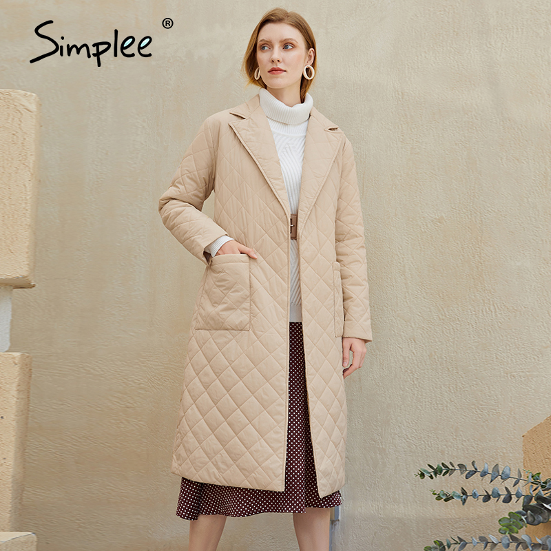 Fashion female winter windproof jacket Casual sashe winter parka Long straight coat with rhombus pattern 200928