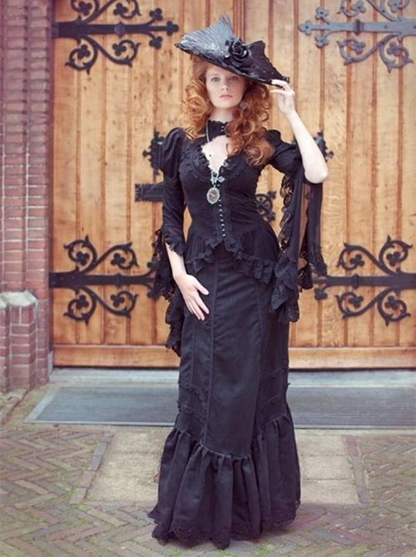 Vintage Victorian Black Mermaid Wedding Dresses Long Sleeve V-Neck Gothic Wedding Gowns Ruffles Floor Length Retro Bride Dress Vestidos de Novia 2022