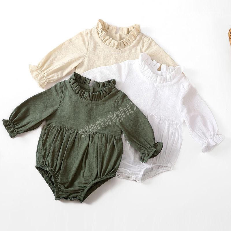 Newborn Long-Sleeved Cotton And Linen Baby Romper Solid Color Flying Sleeve Ruffled Neckline Infant Jumpsuit Clothing