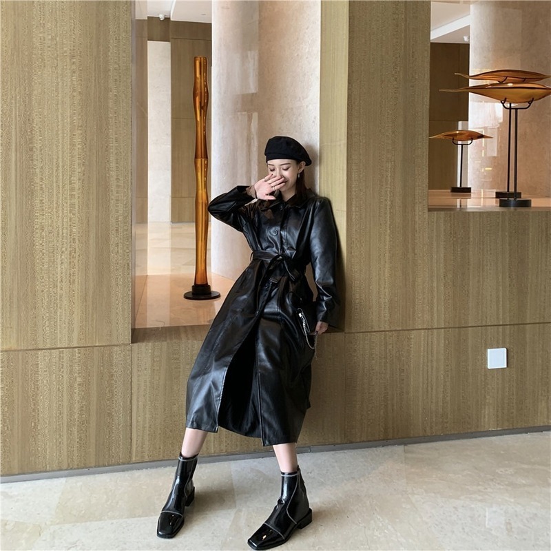 GOOHOJIO Cool PU Leather Long Jacket Fashion Women Jacket Loose Belt PU Leather Windbreaker Trench Women Coat Slim Autumn 201020