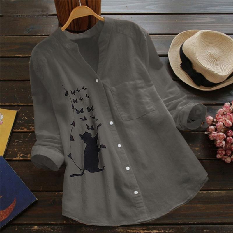 Women Office Shirt Cotton Linen Long Shirts Blouse Women Casual Print Long Sleeve Blouse Casual Button Down Tops Chemisier Femme
