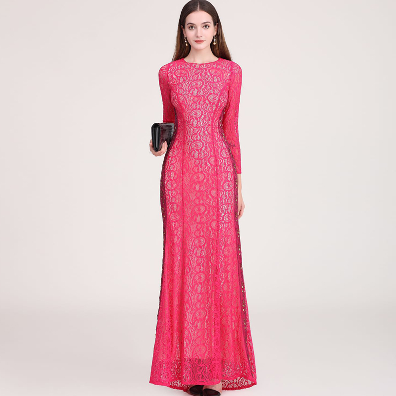 Women's Party Dress O Neck Embroidery Lace Long Sleeves Beaded Elegant Long Prom Runway Dresses