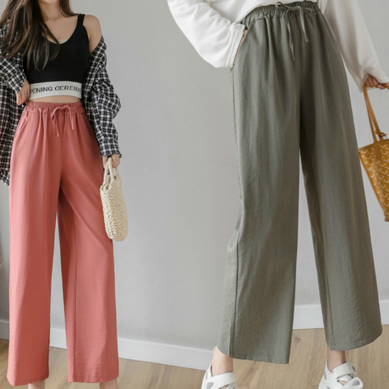 Casual Cotton Linen Pants Women Spring High Waist Wide Leg Pants Summer Office Band Palazzo Trousers Female Black Loose Pants 201031