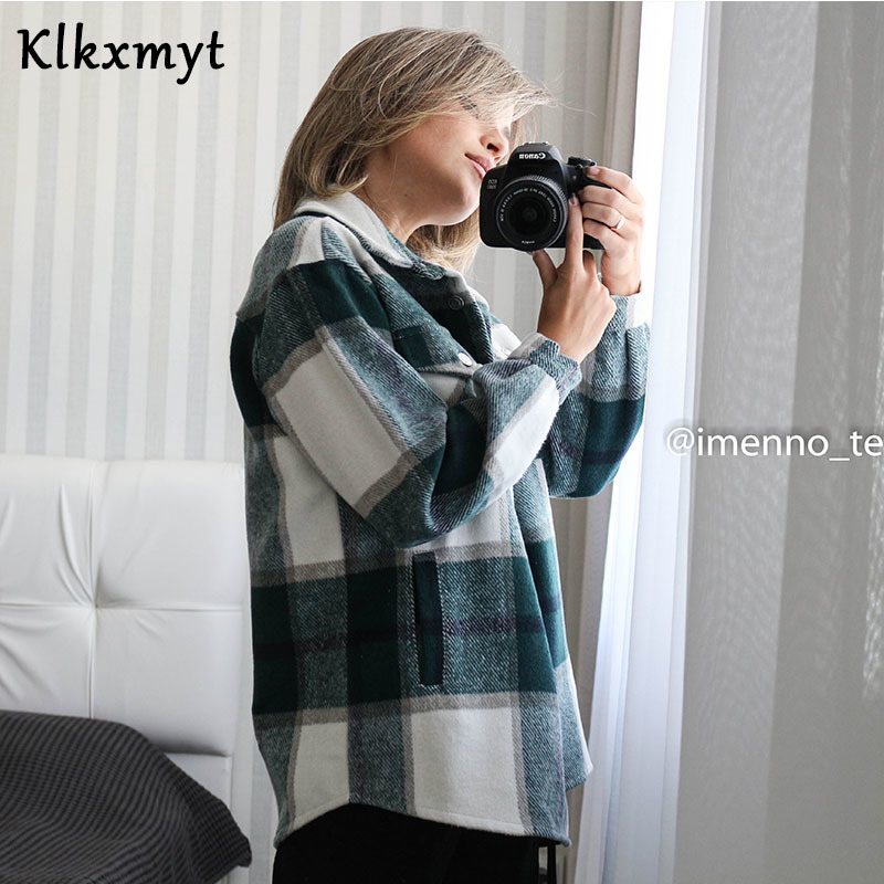 Klkxmyt Plaid Jacket Women Coat Autumn Winter Vintage Stylish Pockets Oversized Jacket Coat Casual Warm Chic Tops 201026