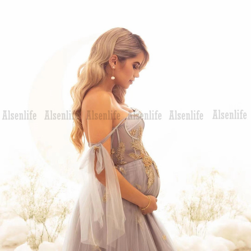 Cheap Light Gray Pregnant Prom Dress Soft Tulle Off the Shoulder A Line Evening Party Gowns robe de soiree