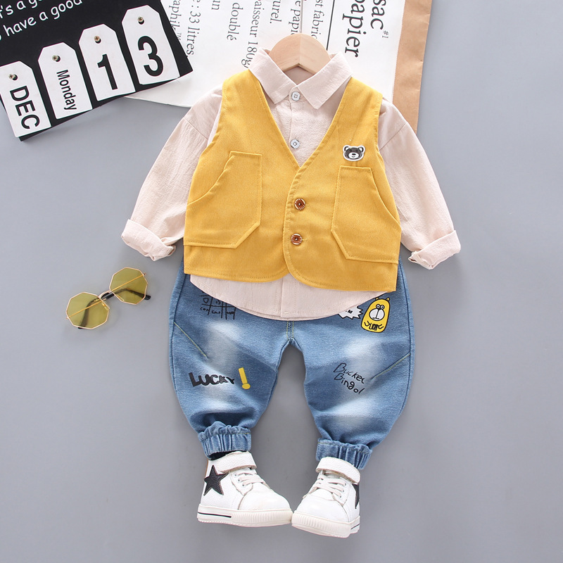 2020 Korean Style Handsome High Quality Kid Boys Clothes Set Long Sleeve Sweatshirt+Vest+Denim Pant 3Pcs Tracksuit BebesX1019