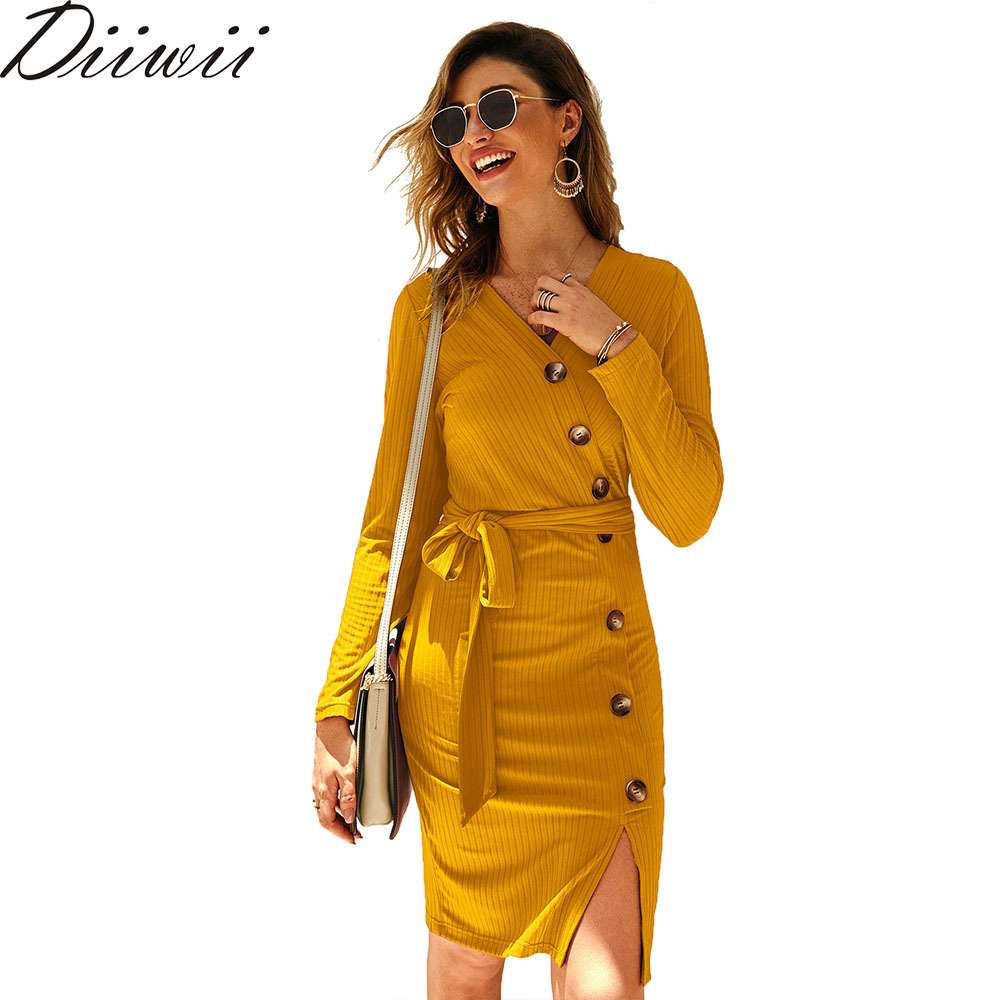 Diiwii V Neck Singlebreasted Slim Ladies Office Autumn Winter Solid Sashes Knitted Dress Women Cotton Full Sleeve Casual 201125