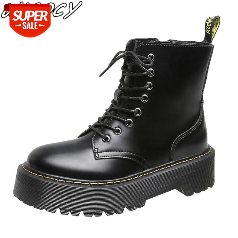 New British 2019 women's boots quality waterproof boots Winter ankle Shallow Round head fashion laceup boot botas mujer PU #721Y, Black