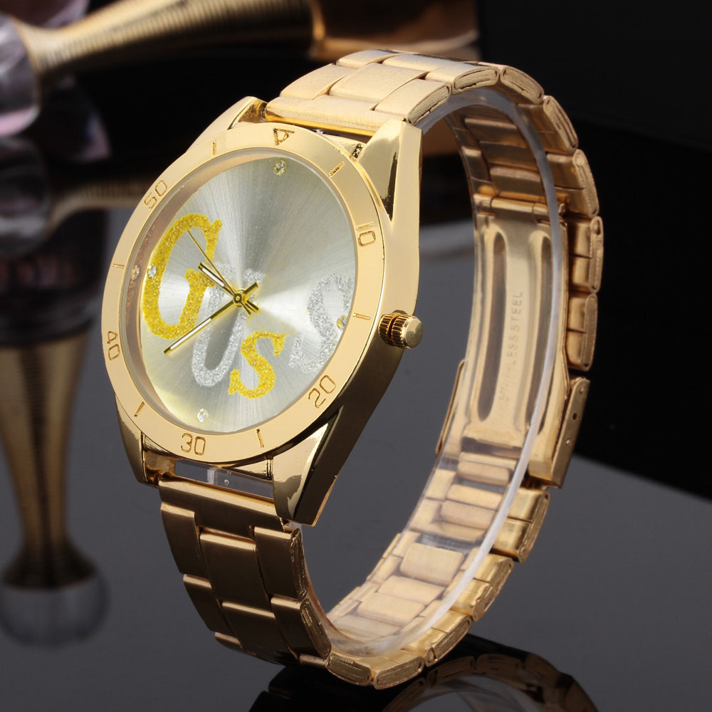 

Fashion Brand women's Men's Unisex crystal style dial Gold steel metal band quartz wrist watch GS03, Slivery;brown