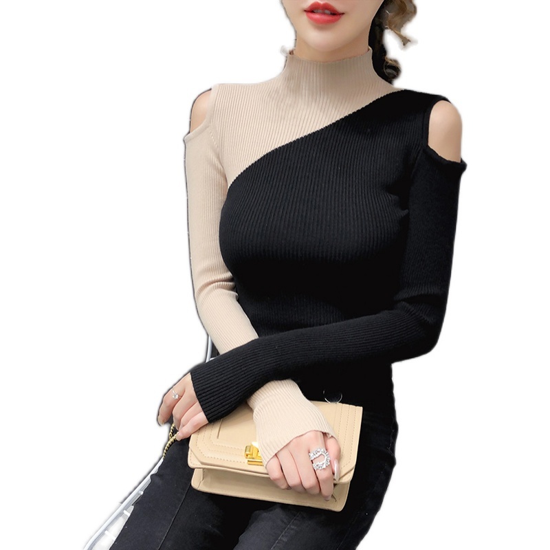 New Sexy Knitted Sweater Off Shoulder Pullovers Sweater for Women Long Sleeve Turtleneck Female Jumper Black White Clothing 201221