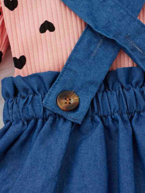 Baby Heart Print Ruffle Trim Top & Suspender Skirt SHE