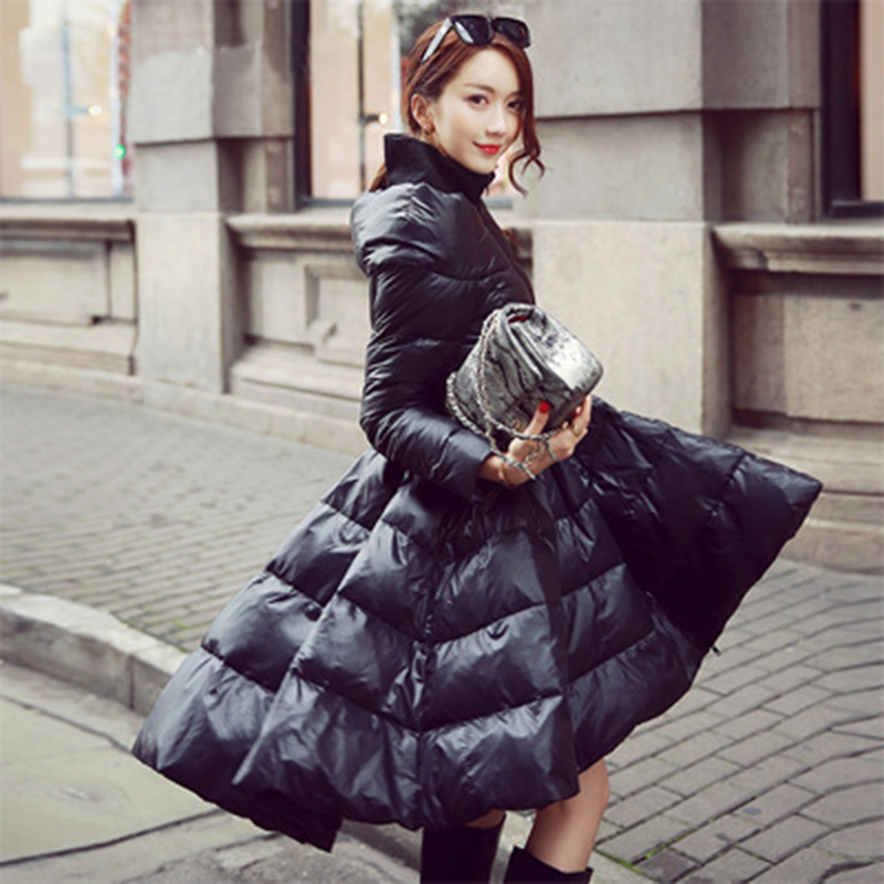 [EAM] Spring Woman Solid Color Long Sleeve Spliced Black Stand Collar Skirt Type Warm Loose Down Jackets LD0460 201017