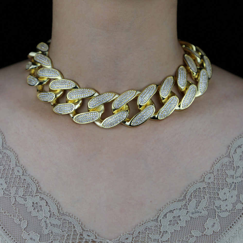 30mm big heavy women chunky choker necklace micro pave 5A cz cuban link chain iced out bling hip hop women cuban fashion jewelry
