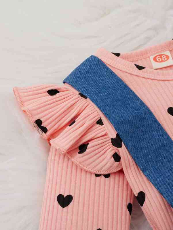 Baby Heart Print Ruffle Trim Top & Suspender Skirt SHE