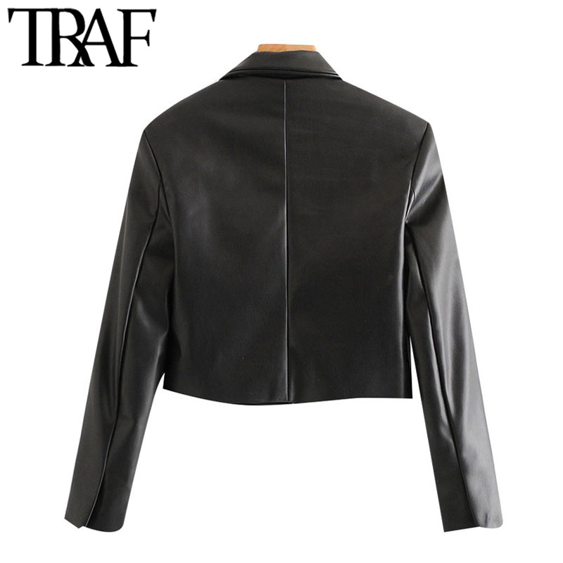 TRAF Women Fashion Faux Leather Cropped Blazers Coat Vintage Notched Collar Long Sleeve Female Outerwear Chic Tops 201114
