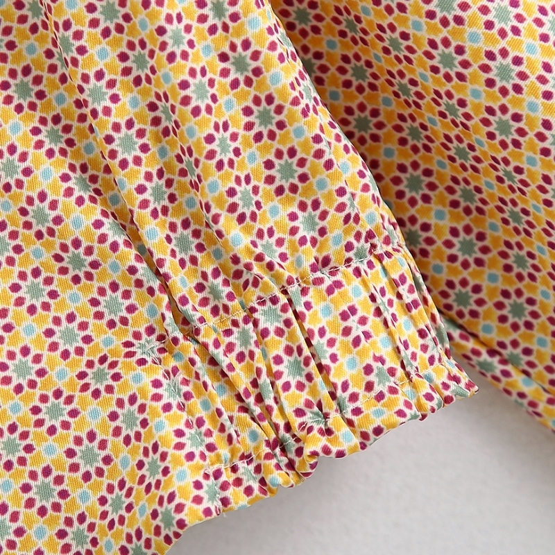 New women vintage geometric floral printing casual smock blouse ladies lantern sleeve kimono shirts chic blusas tops LS6598 T200720