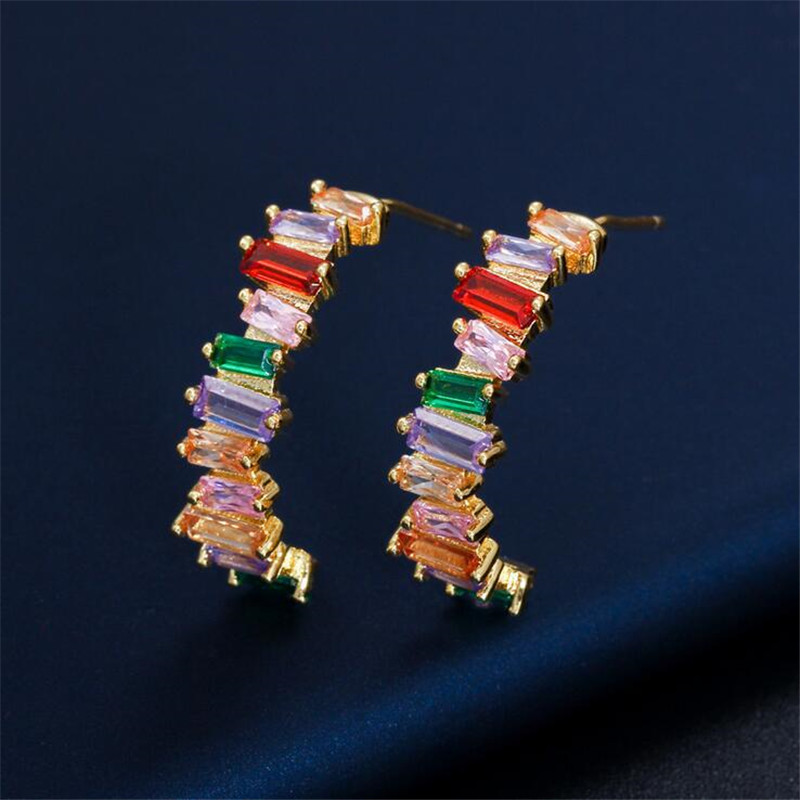 Top Sell Luxury Jewelry 18K White&Gold Fill T Princess Cut Multi Color Topaz CZ Diamond Popular Women Wedding Stud Earring For Lover Gift