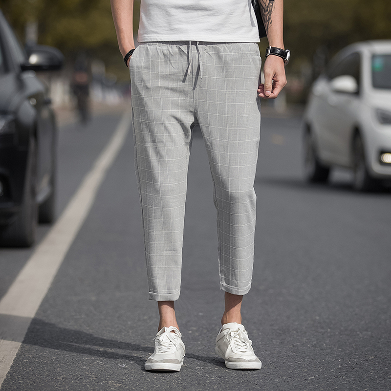 Left Rom 2019 Anklelength Linen Plaid Pants Men Trousers Hip Hop Jogger Pants Men Sweatpants Streetwear Men Pants S5xl T200319