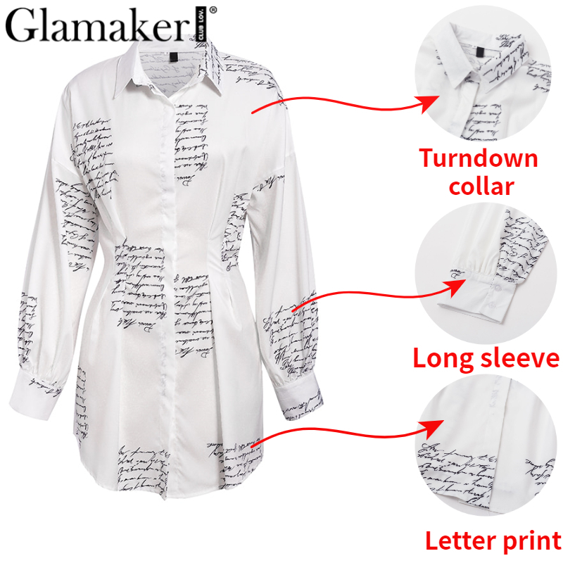 Glamaker Letter Print Sexy Mini Short Shirt Dress Women White Long Sleeve Party Club Summer Elegant Bodycon T200319 B4