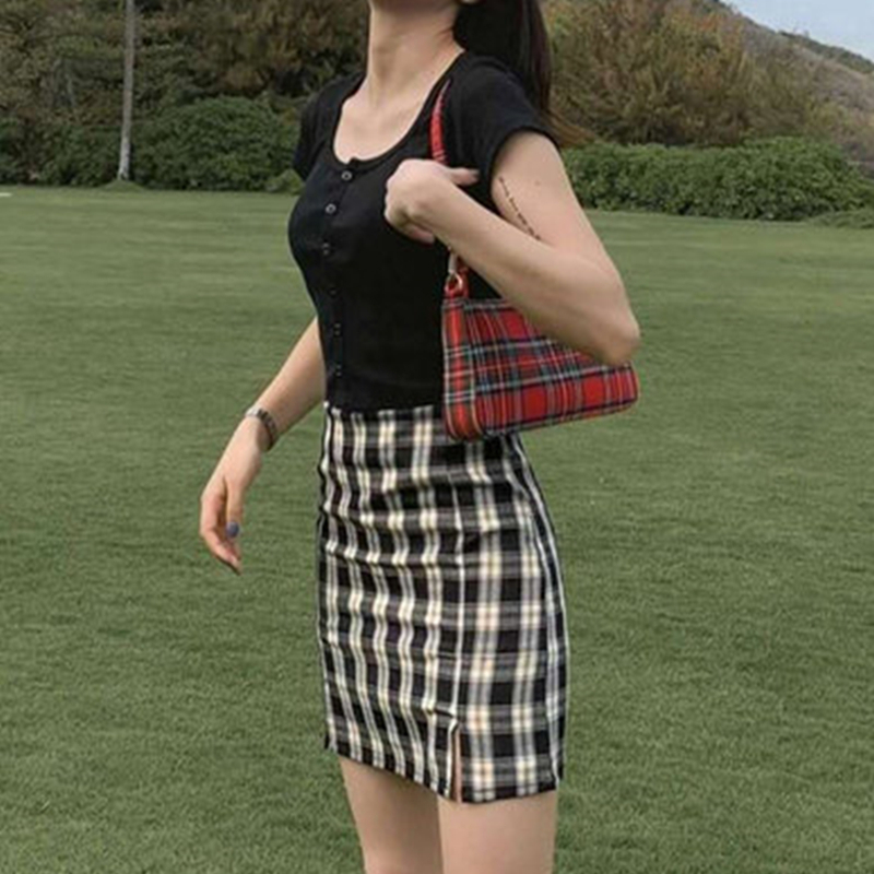 YAMDI women plaid high waist skirt female woman bohemian vintage runway skirts sexy lady elegant side split skirt spring summer 201110
