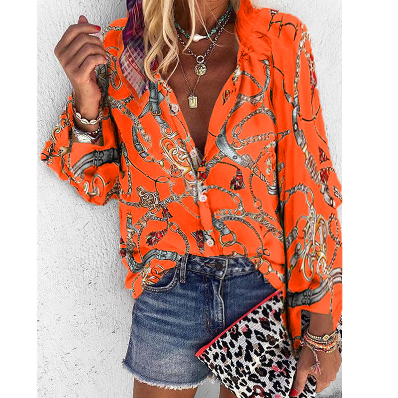 CINESSD Long Sleeves Casual Women Blouses V Neck Button Cardigan Loose Print Tops Office Ladies Thin Spring Summer Blouses 201201