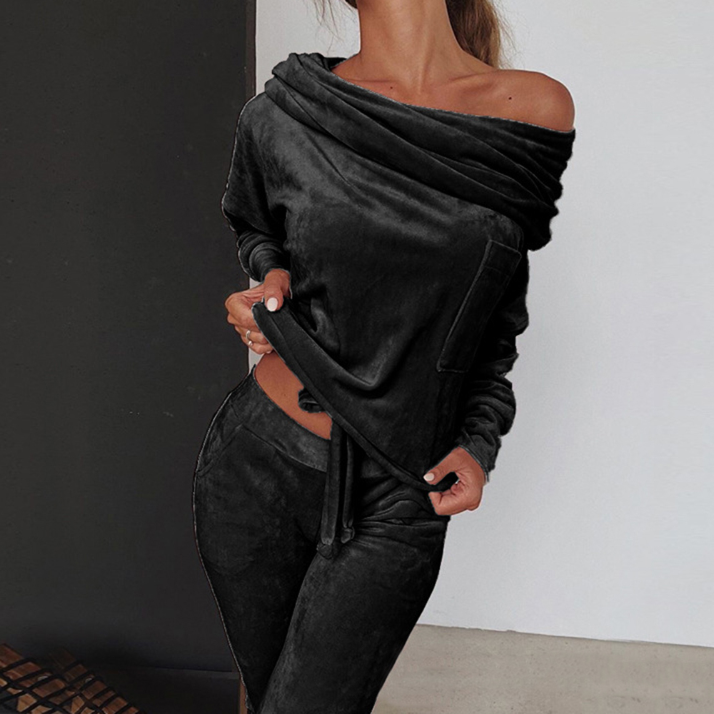 CYSINCOS 2 Piece Set Women Autumn Off Shoulder Casual Crop Top 2020 Female Clothing Tracksuit Pockets Loose Long Pants Two Piece T200826