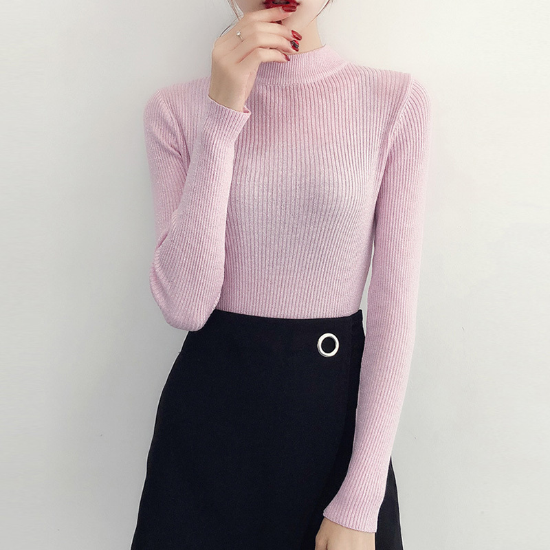 Spring Winter Long Sleeve Sweater Women Shiny Pullover Basic Femme Turtleneck Korean Style Knit Tops 5042 210510