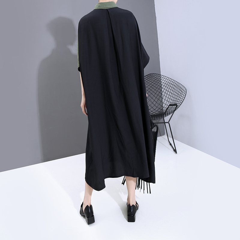 New Women Summer Black Patchwork Long Shirt Dress Plus Size Lapel Metal Ring Holes Lady Unique Casual Dress Robe Femme 6163 T200521