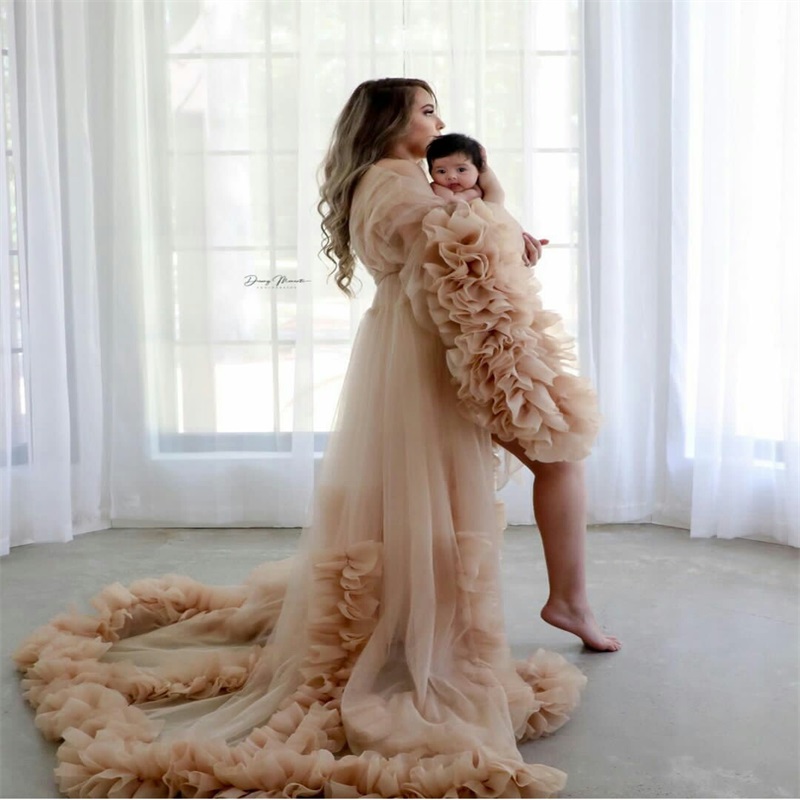 champagne Night Gown High Quality Bride Sleepwear Robes Ruffles Tulle Custom Made Long Sleeves Pregnant Dress Women Sexy Sleepwear Dresses