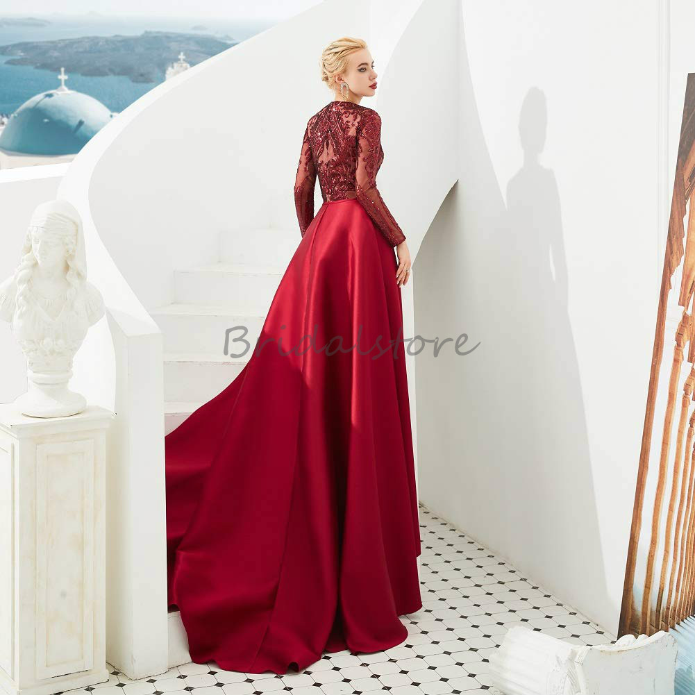 Chi Chi Red Green Mermaid Evening Dresses With Detachable Train O Neck Long Sleeve Sequined Prom Dresses Dubai Muslim Abaya Formal Gown 2021