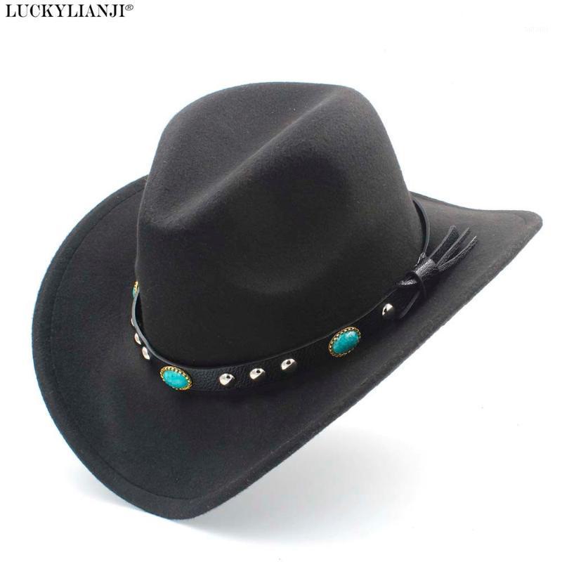 

LUCKYLIANJI Men Women Retro Wool Felt Western Cowboy Hat Wide Brim Cowgirl Kallaite Braid Leather Band (Size:57cm,Adjust Rope)1, Black