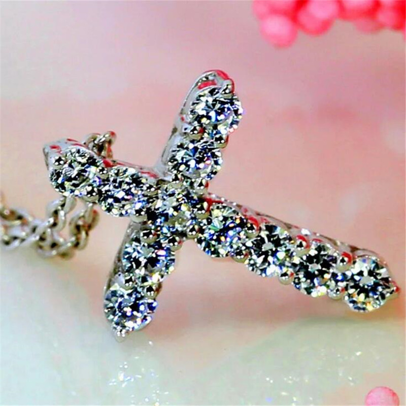 Brand New Jewelry Sterling Sier Full Round Cut White Topaz CZ Dia Cross Pendant Party Popular Women Clavicle Necklace Gift